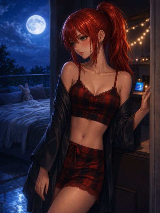An anime-style illustration of a red-haired girl in plaid pajamas standing in a bedroom doorway under a full moon.