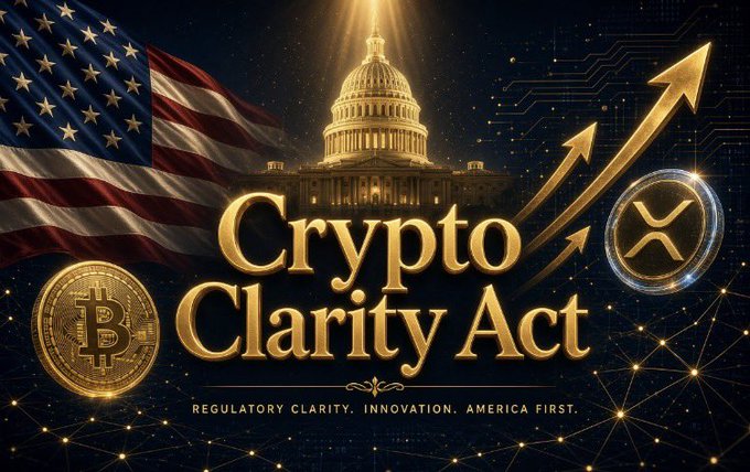 A promotional graphic featuring the US Capitol, an American flag, Bitcoin and XRP coins, upward arrows, and the text 'Crypto Clarity Act' with the tagline 'REGULATORY CLARITY. INNOVATION. AMERICA FIRST.'