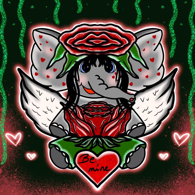 A digital drawing of a sad elephant with angel wings and a rose on its head, holding a red rose, with a heart at the bottom reading 'Be mine' on a dark background with green streaks.