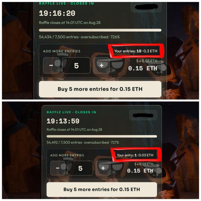 A raffle ticket purchase screen shows 'Your entries: 10' with 0.3 ETH in the top panel, and 'Your entry: 1' with 0.03 ETH in the bottom panel, for a raffle closing at 14:01 UTC on Aug 28.