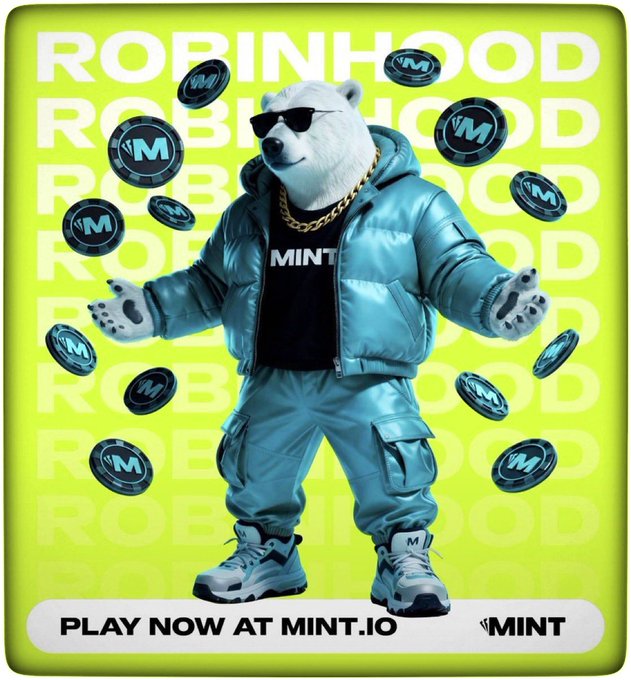 Promotional graphic featuring an anthropomorphic polar bear wearing sunglasses, a gold chain, and a blue puffer jacket with 'MINT' text, surrounded by floating M-branded coins on a neon green background reading 'ROBINHOOD' repeatedly with 'PLAY NOW AT MINT.IO' at the bottom.