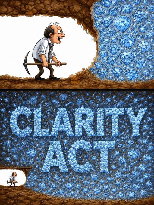 Two-panel cartoon illustrating a man with a pickaxe who discovers a vast cavern of diamonds labeled 'CLARITY ACT'.