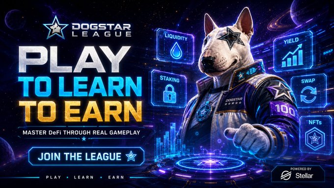 The image features a poster for a video game called "Dogstar League". The poster includes a cartoon dog wearing a jacket with the words "Play To Learn To Earn" written above it, along with various symbols related to the game. The text on the poster encourages players to learn and practice their skills in order to earn points or rewards within the game.