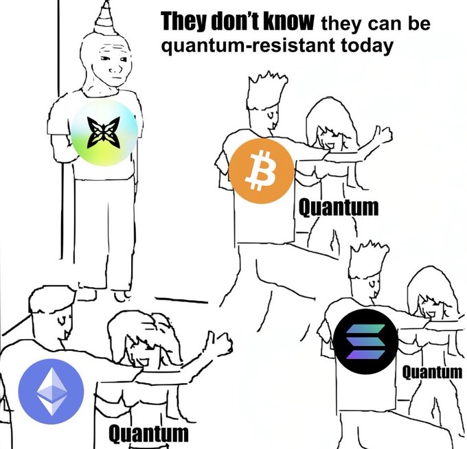 The image features a cartoon depiction of people holding up different types of wallets, including Bitcoin and Quantum. The text above the image reads "They don't know they can be Quantum-resistant today", which suggests that the wallet depicted in the image is related to Quantum technology or blockchain.