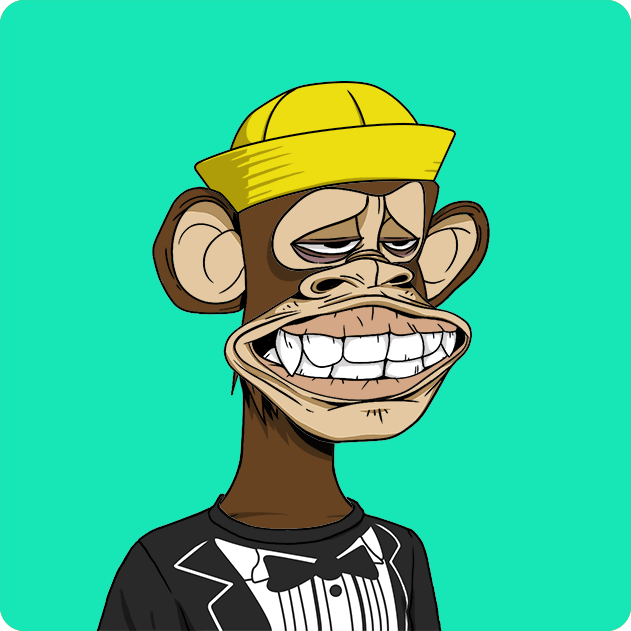 The image features a cartoon monkey wearing a yellow hat, a black suit, and a bow tie. The monkey appears to be smiling and has a serious expression on its face. The background of the image is blue with white text that reads "Ape #2954 bought for 7.5 WETH 0xea97...cdc9 kuroi.eth etherscan.io/tx/0x9a0150d32 ... Return to Monke: opensea.io/collection/bor". The monkey is wearing a black suit and tie, which adds to its serious expression.