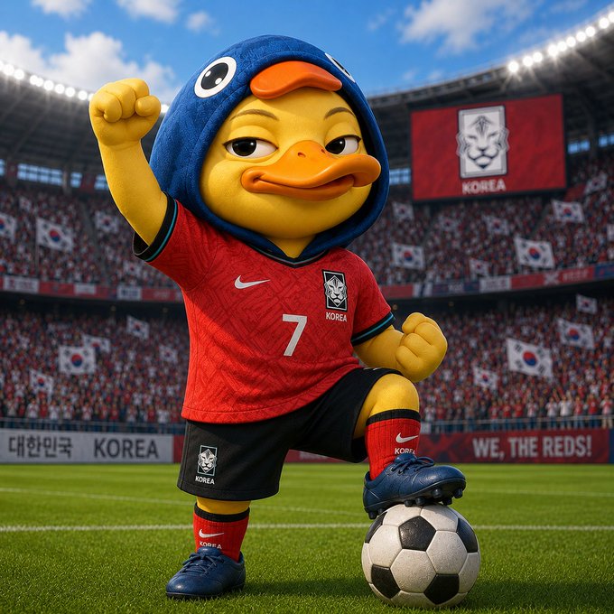 A cartoon duck mascot wearing a South Korean national football kit with the number 7 stands triumphantly on a soccer ball in a stadium filled with fans waving Korean flags. The image metaphorically represents Korea's team spirit ("We, the Reds!"), paralleling the post's message about building strong communities like Wallchain through steady, collective effort.