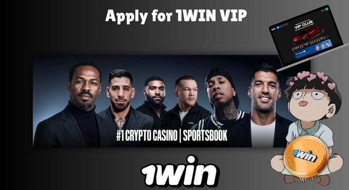 A promotional graphic for '1WIN' advertising 'Apply for 1WIN VIP' as a '#1 CRYPTO CASINO | SPORTSBOOK', featuring celebrity endorsements and a cartoon mascot.