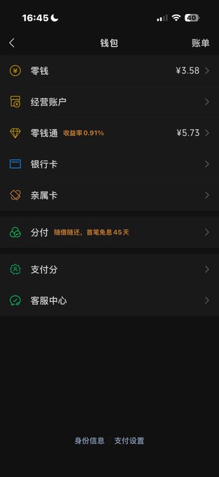 A screenshot of a Chinese digital wallet (钱包) app showing balances of ¥3.58, a business account, a money fund (零钱通) at ¥5.73 with 0.91% annual yield, plus options for bank cards, family cards, installment payment (分付), credit payment (支付分), and customer service. The small balances directly illustrate the user's frustration about how to grow just 10 yuan into A8-level wealth.