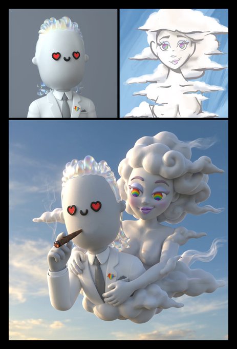 Digital artwork showing in-progress and final illustrations of a kawaii cloud-like female character with rainbow eyes being held by a smiling figure in a white suit with heart-shaped eyes.