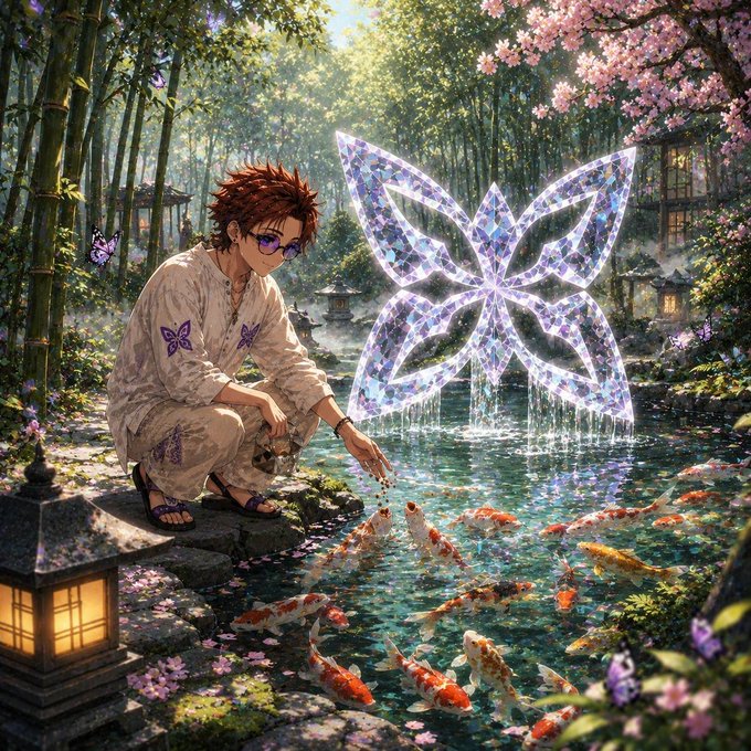 An anime character with brown hair and sunglasses crouches by a koi pond in a bamboo forest, feeding fish near a glowing purple butterfly-shaped fountain.