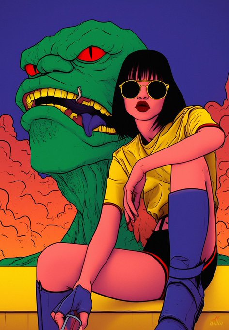An illustration of a woman with a bob haircut wearing sunglasses, a yellow shirt, and blue boots, sitting next to a large green monster against a red and purple background.