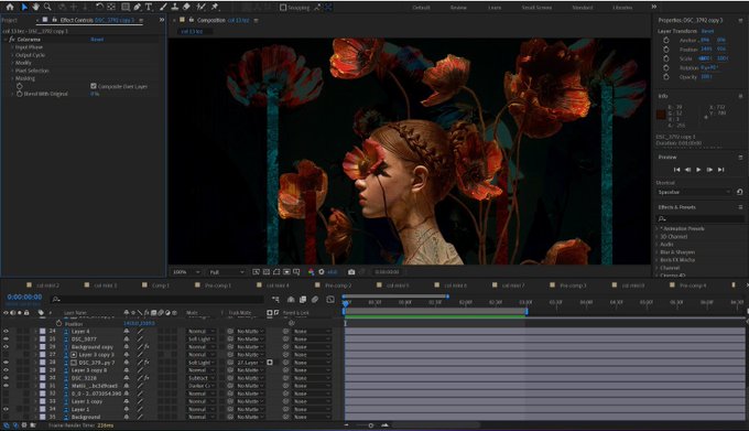 A screenshot of Adobe After Effects software showing a compositing project with a woman surrounded by red flowers, with various layers and effect controls visible.