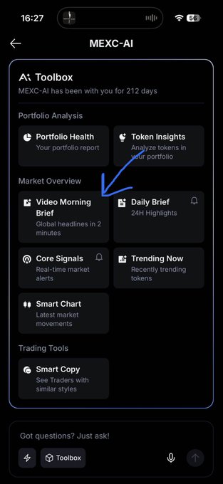 A screenshot of the MEXC-AI app interface showing various tools like Portfolio Health, Token Insights, Video Morning Brief, and Daily Brief, with a blue arrow pointing to the Video Morning Brief option.