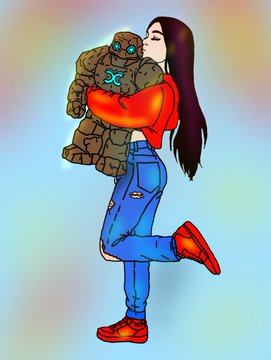An illustration of a woman in an orange top and blue jeans holding a small brown robot-like creature with cyan eyes while posing against a colorful gradient background.
