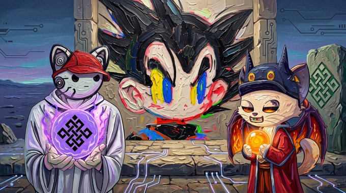 A digital illustration featuring two anime-style cat characters — one in a white robe and red cap holding a purple glowing symbol, and another in a dark cat-eared hat with a red robe holding an orange orb — standing before a glitchy, colorful face on a stone doorway.