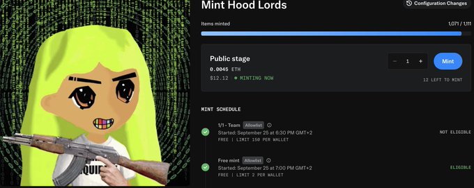 The image shows a webpage for "Mint Hood Lords," an NFT collection currently in its public minting stage on the Ethereum blockchain, priced at 0.0045 ETH ($12.12), with only 1,071 of 1,111 items minted and 12 left to mint at a limit of 1 per wallet. The accompanying post mocks the Sui blockchain community by showing the project's ability to successfully mint on the Ethereum chain, implying Sui-based projects couldn't achieve similar traction.