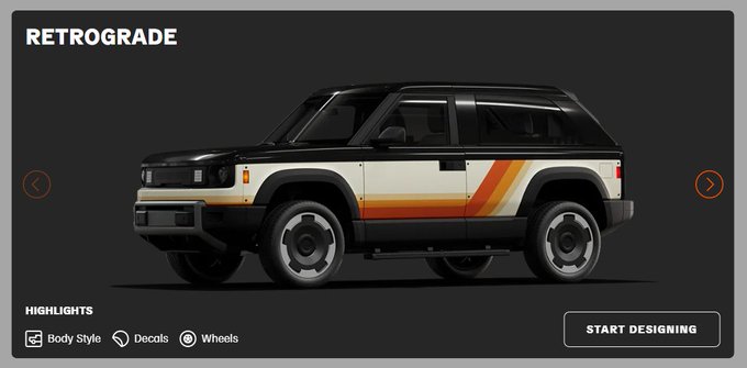 A digital configurator for a 'RETROGRADE' car, showing a side view of a white and black SUV with orange and yellow stripe decals, featuring a 'START DESIGNING' button.