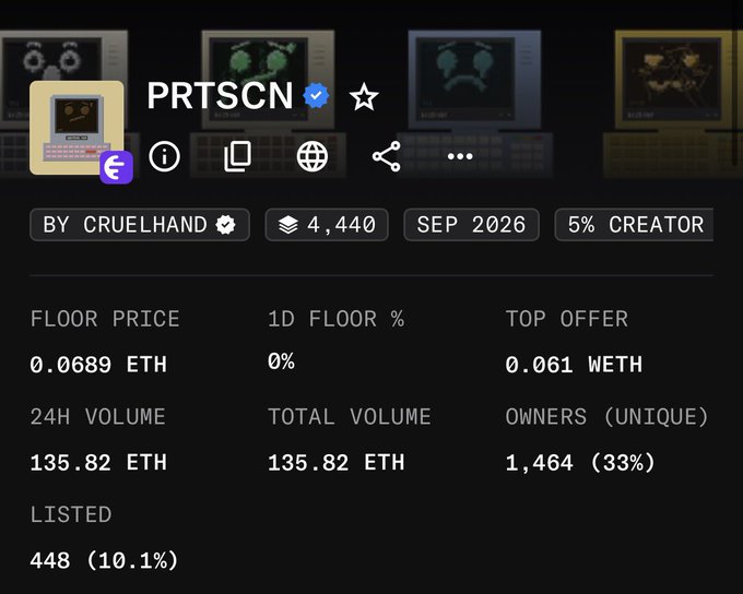 A screenshot of an NFT collection page for 'PRTSCN' by 'CRUELHAND', showing statistics like 'FLOOR PRICE 0.0689 ETH', '24H VOLUME 135.82 ETH', and 'OWNERS (UNIQUE) 1,464 (33%)'.