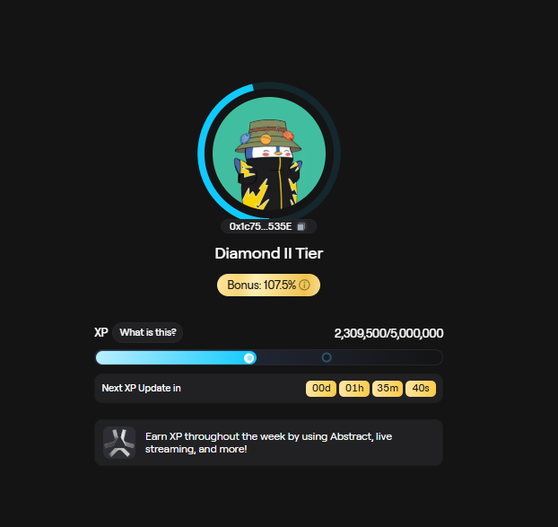 The image shows a computer screen with a cartoon character, likely from a video game or streaming platform like YouTube. The character appears to be wearing a hat and has a backpack on their back. There are two XP badges displayed on the screen, one for the character's current XP tier (Diamond II Tier) and another for the next XP update in the game. A post is also visible, which seems to be related to the character or the game they're playing. The image does not provide any information about the content of the post, but it appears to be a gaming-related discussion or interaction.