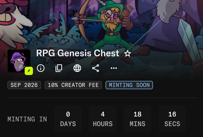 The image displays an NFT collection listing on OpenSea titled "RPG Genesis Chest," featuring artwork of a Robin Hood-style archer character in a forest setting, with a 1355 supply, 10% creator fee, and a "MINTING SOON" status showing 0 days, 4 hours, 18 minutes, and 16 seconds until launch in September 2026. The promotional post highlights this as a free mint opportunity via Robinhood, launching on OpenSea with a whitelist available, directly corresponding to the on-chain NFT project shown in the screenshot.