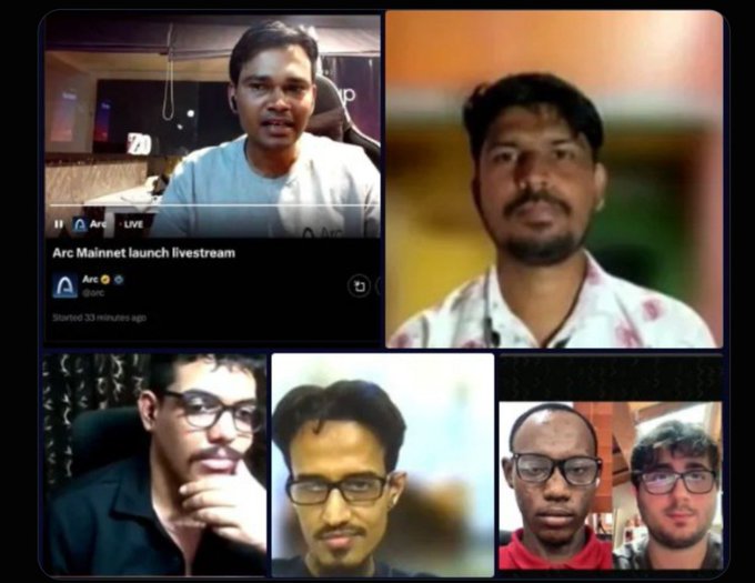 A collage featuring four portrait photos of men alongside a livestream video player labeled 'Arc Mainnet launch livestream' by @arc.