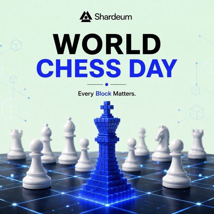 A promotional graphic for "World Chess Day" by Shardeum features a blue pixelated king chess piece surrounded by white pieces on a glowing grid board, with the tagline "Every Block Matters." The image visually connects chess strategy to blockchain technology, reinforcing the post's message about the parallels between thoughtful moves on the chessboard and every transaction, validator, and builder onchain.