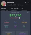 A dark-themed cryptocurrency dashboard for 'balleno' showing a portfolio value of $92,746 with various crypto positions and token holdings.