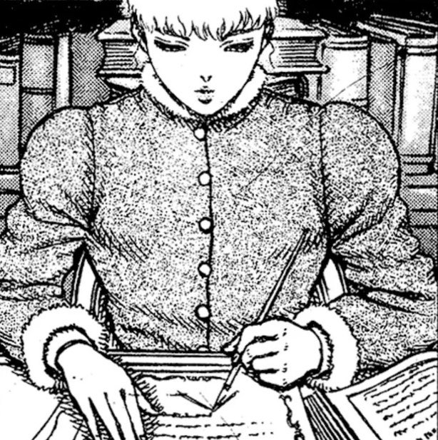 A manga-style black-and-white illustration shows an elf-like figure with pointed ears in a fur-trimmed doublet, intently writing with a quill at a desk surrounded by towering book stacks. The image captures the "composing philosophical memecoin scripture" mood by depicting the figure as a monkish scribe diligently inscribing esoteric writings, evoking the solemn gravitas of an ancient manuscript being authored.