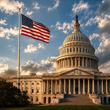 The image shows the U.S. Capitol building with the American flag waving in the foreground under a partly cloudy sky, symbolizing the legislative activity referenced in the post about Senate Democrats collaborating with Republicans to pass the Clarity Act before the August recess. The Capitol imagery reinforces the urgency of the 12 working days remaining to strengthen the bill's key provisions on ethics, consumer protection, and market integrity.