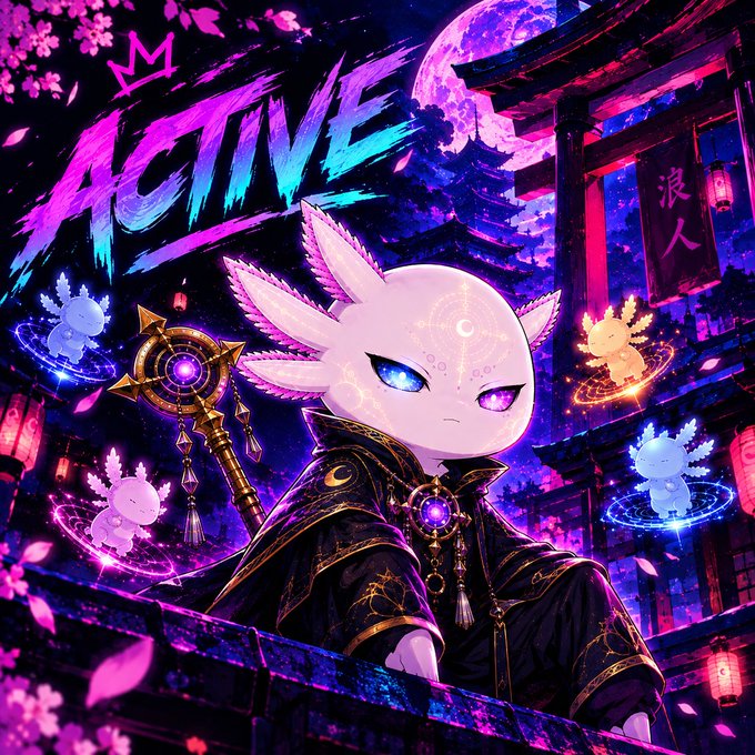 A vibrant anime-style illustration of a mystical white axolotl-like character with heterochromic eyes, dressed in dark robes and holding a staff, surrounded by smaller spirits under the word "ACTIVE".