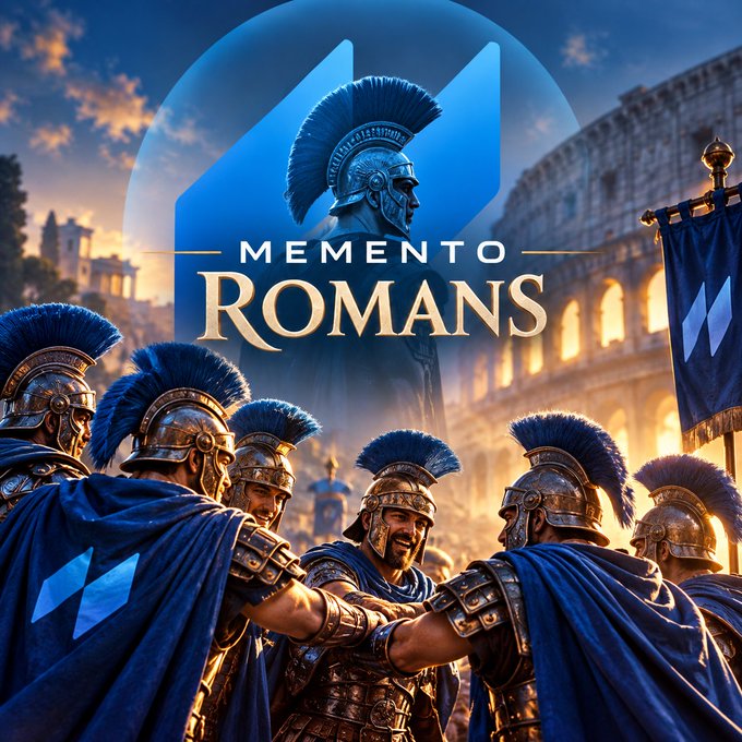 A promotional graphic titled "MEMENTO ROMANS" showing Roman soldiers in armor and blue capes gathered together with a colosseum in the background.
