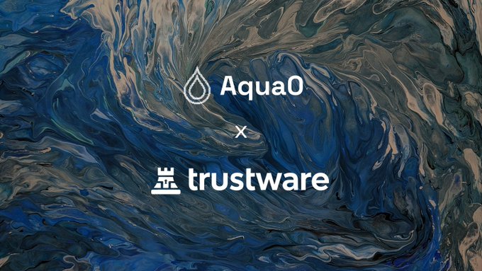 A promotional graphic with a blue and gold marbled background announcing a partnership between 'Aqua0' (with a water drop logo) and 'trustware' (with a pixelated logo).