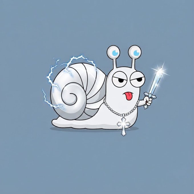 A cartoon snail with an attitude holds a sparkling sword and wears a cross necklace, surrounded by electric blue lightning.