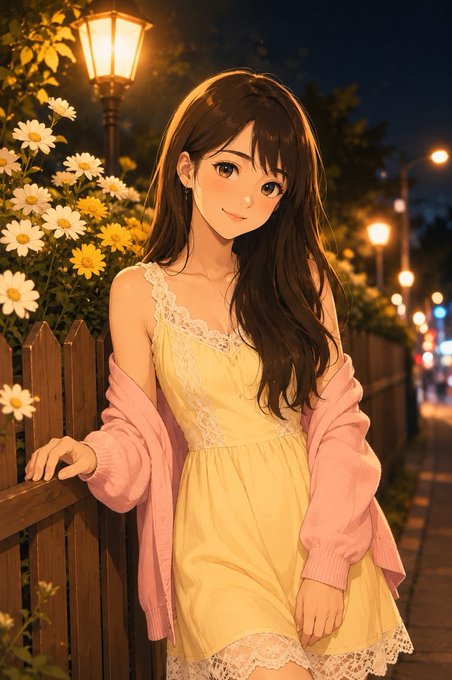 An anime-style illustration of a young woman with long dark hair wearing a yellow lace-trimmed dress and a pink cardigan, posing by a wooden fence surrounded by yellow and white flowers at night under a glowing street lamp.