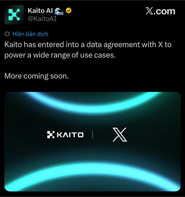 A screenshot of a post from the Kaito AI X account (@KaitoAI) announcing that Kaito has entered into a data agreement with X (Twitter) to power various use cases, accompanied by a graphic showing both logos.
