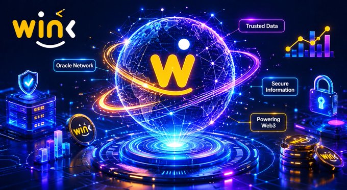 The image features a large globe with the letters "W" written on it surrounded by various symbols related to oracle networks, such as a shield and a padlock. The background of the image is dark blue, which contrasts with the vibrant colors used for the oracle network symbols. The text in the image reads: "Most people never think about oracles. They simply expect DeFi apps, games, and on-chain systems to work correctly. But behind every reliable transaction is trusted data, and that'S where projects like @WinkLink_Oracle play an important role."