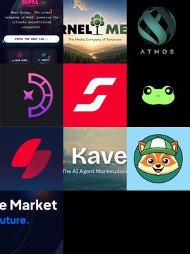 The image features a collection of logos for various companies, including "Kave", "Supra", "Atmos", "Media Company of Tomorrow", "Algo Market", and "Media Marketplace". The logos are displayed in a grid format with each company's name positioned above its respective logo. The text accompanying the logos provides information about the companies or their products, such as "The Media Company of Tomorrow" offering native oracles and "Kave" being an AI marketplace.