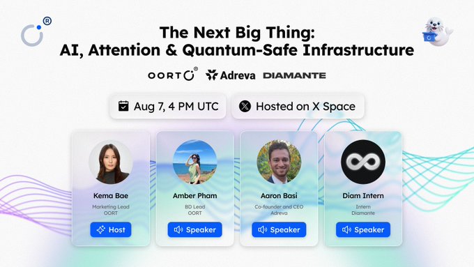 A promotional graphic for an X Space titled "The Next Big Thing: AI, Attention & Quantum-Safe Infrastructure," scheduled for Aug 7 at 4 PM UTC and hosted by OORT, Adreva, and Diamante, featuring host Kema Boe and speakers Amber Pham (BD Lead, OORT), Aaron Basi (Co-founder & CEO, Adreva), and a Diam Intern from Diamante.