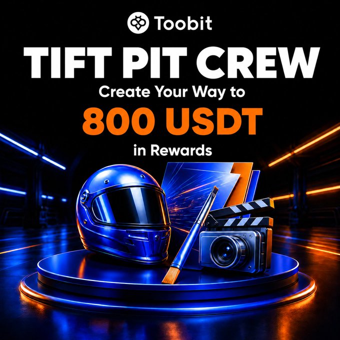 A promotional graphic for Toobit's "TIFT Pit Crew" campaign displays a racing helmet, camera, and clapperboard on a podium, with text announcing "Create Your Way to 800 USDT in Rewards," visually reinforcing the creative content-creation quests (driver cards, posters, memes, videos) participants must complete for a chance at the prize pool.