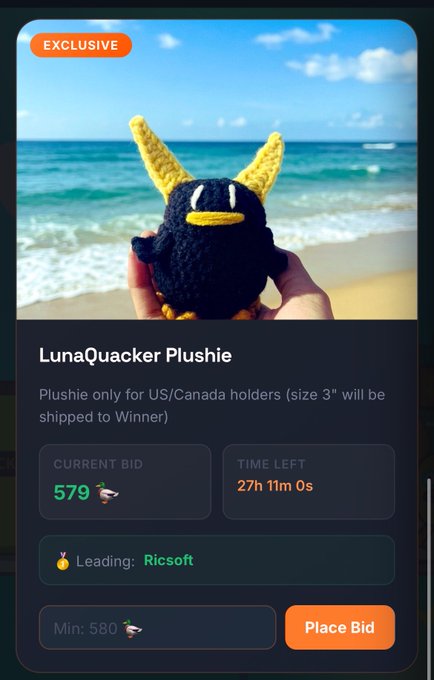 An exclusive auction listing for a 'LunaQuacker Plushie' crocheted duck toy, with a current bid of 579 and 27h 11m 0s remaining, leading bidder being 'Ricsoft'.