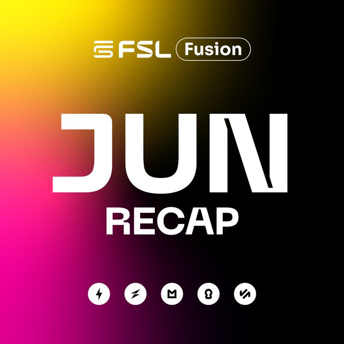 A promotional graphic for 'FSL Fusion' with bold white text reading 'JUN RECAP' on a gradient yellow, orange, and pink background, featuring small icons at the bottom.