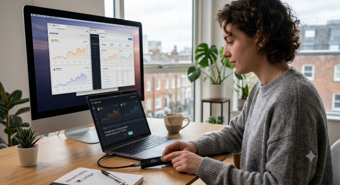 A woman in a gray sweater works at a wooden desk with a large monitor and a laptop displaying cryptocurrency trading charts, connected to a hardware wallet device.