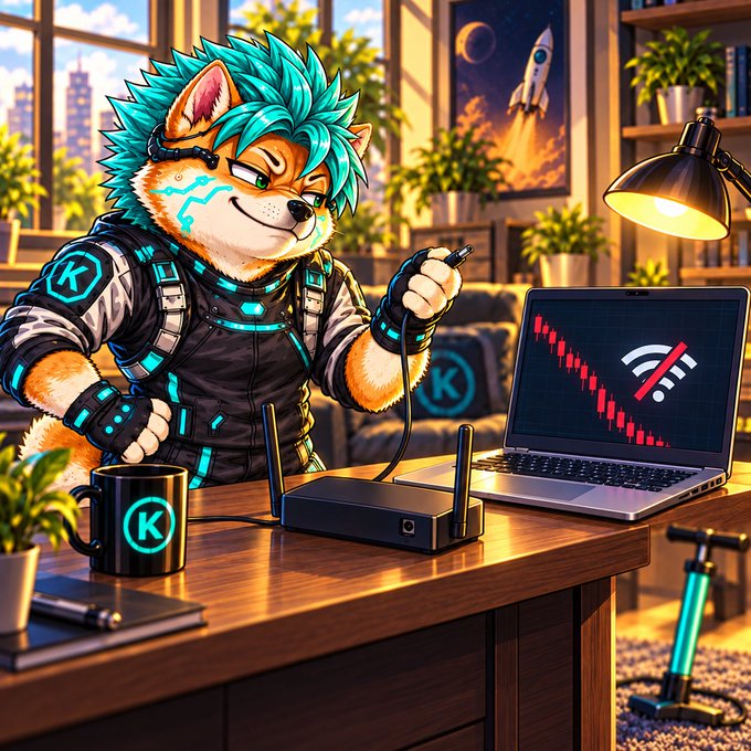 An anthropomorphic cat-like character with spiky cyan hair and futuristic attire works at a desk with a router, showing a red downward-trending graph and a broken Wi-Fi symbol on the laptop screen, alongside a mug labeled with a "K" logo.