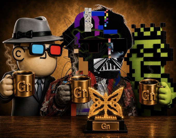 A digital artwork featuring three characters—a detective-like figure in a fedora, a glitchy glitch figure, and a green pixelated figure—each holding gold mugs labeled "Gn," with a star-shaped trophy also marked "Gn" in the center.