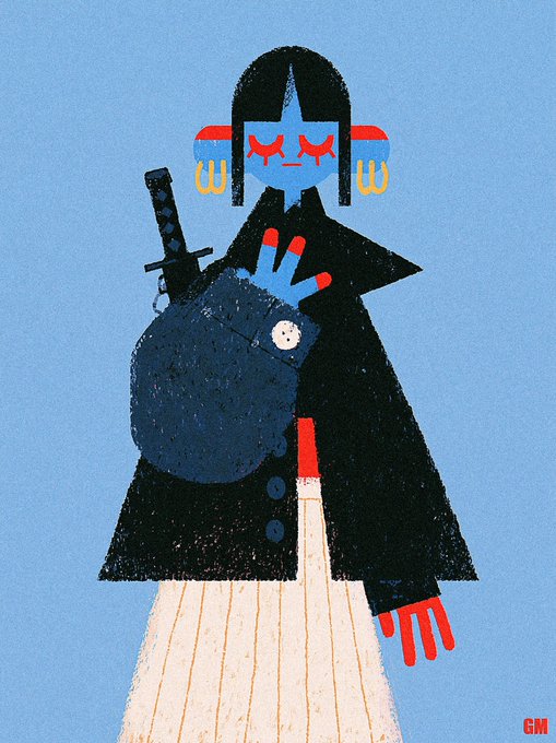 A stylized illustration on a blue background depicts a woman with closed eyes, red earrings, and a black coat, holding a dark blue pocket watch with a sword protruding from it, while red skeletal hands emerge from her form—evoking a stealthy, code-breaking or time-manipulation theme that visually represents the cryptic "CODE" referenced in the post, signed with the artist's initials "GM" in the bottom right corner.