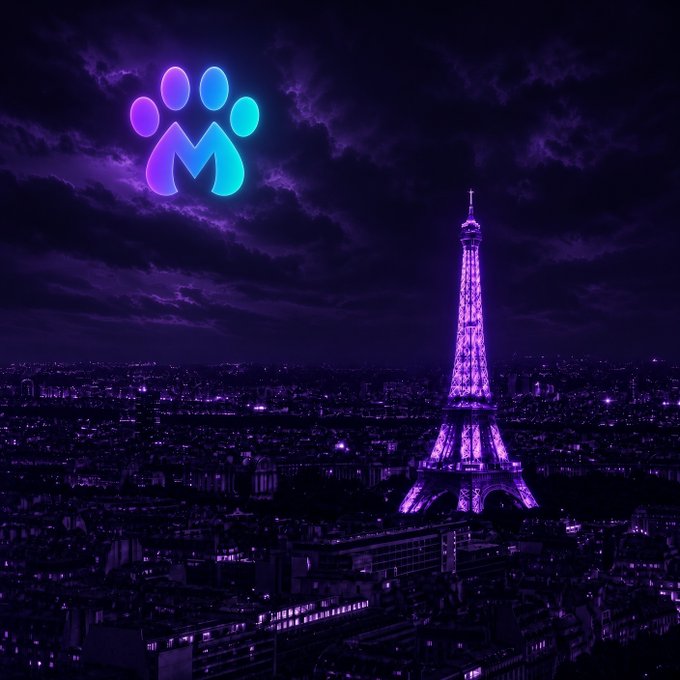 A stylized nighttime image of the Eiffel Tower illuminated in purple against a dark cloudy sky over the Paris cityscape, with a colorful purple and cyan paw print logo floating in the upper left.