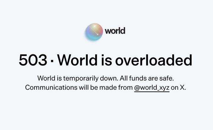 A status page for World (world.xyz) displays a "503 · World is overloaded" message, confirming the site is temporarily down but assuring users that "All funds are safe" with updates to be posted at @world_xyz on X. The image humorously illustrates the post's claim, as World—a major crypto project—appears to have crashed under heavy traffic from Solana enthusiasts.