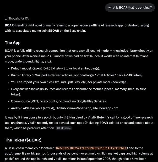 A screenshot of an AI chat response answering 'what is BOAR that is trending?', describing it as an open-source offline AI research app for Android and a meme coin '$BOAR' on the Base chain (contract: 0x0cbf291ba052174879d90bf781df1A5F2BC5Bb07).