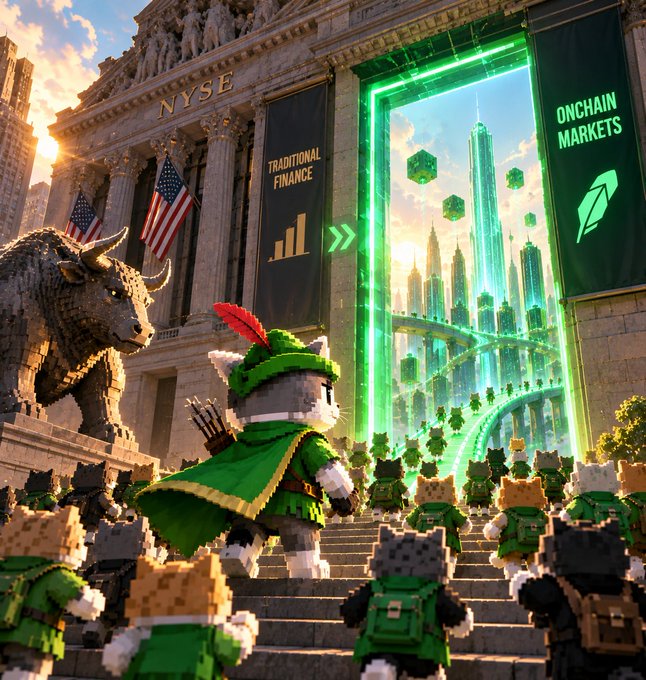 A digital artwork showing pixel-art cat characters gathered at the NYSE building, with signs reading "TRADITIONAL FINANCE" and "ONCHAIN MARKETS" displaying a transition between the two.