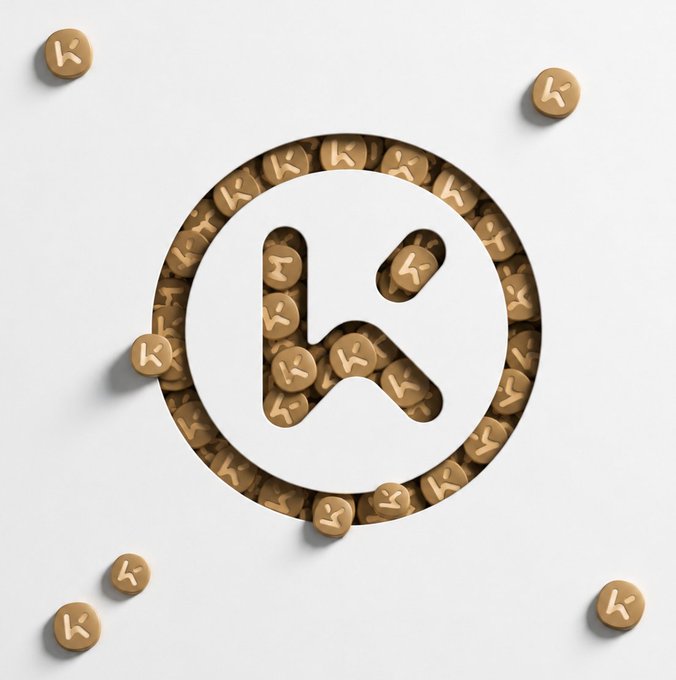 A 3D-rendered circular logo featuring a stylized "K" letter cut out from a white disc, surrounded by scattered gold coin-like tokens embossed with the same "K" symbol.